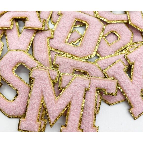 Mixed Lot of 15 Iron/Glue On 2” Chenille Letter Patch With Gold Glitter Trim - Picture 4 of 15